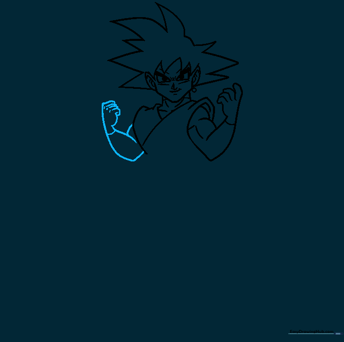 Drawing the left arm and hand with knuckle details and overlapping fingers.