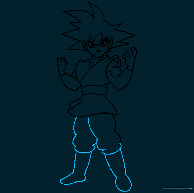 Drawing the legs and boots with looped shapes for clothing folds.