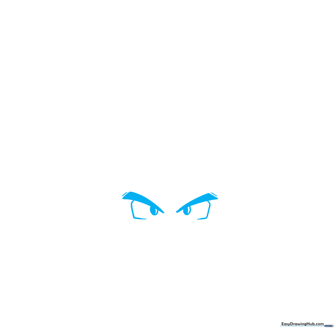 Close-up of Goku's sharp anime eyes and eyebrows sketched in pencil.