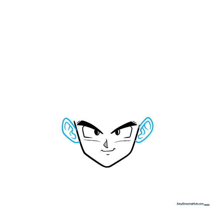 Detailed sketch of Goku's ears on the side of the head.