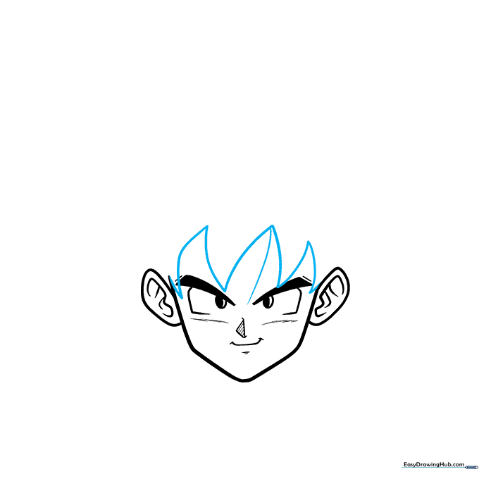 Initial jagged spikes of Goku's hair being drawn on the head.