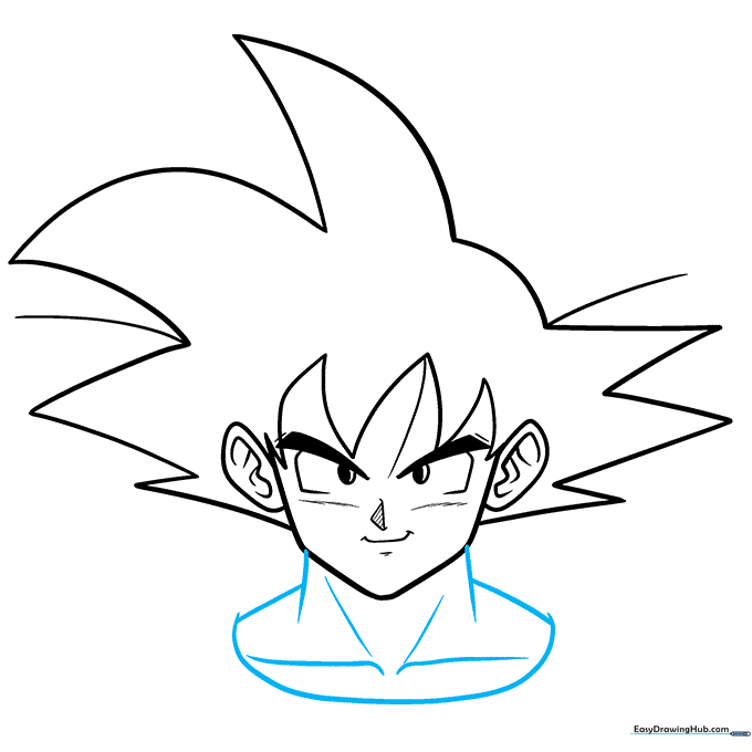 Sketching the neck, shoulders, and tunic collar of Goku.