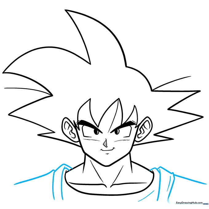 Adding detail lines to show folds in Goku's clothing.
