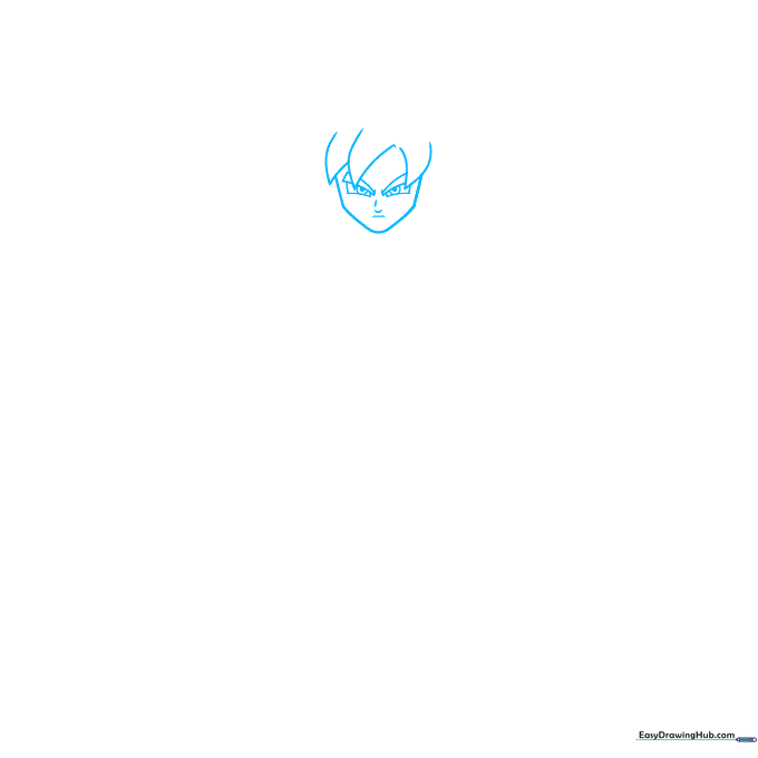 Pencil sketch of Goku's head and facial features, focusing on the initial outline of his spiky hair and intense eyes.