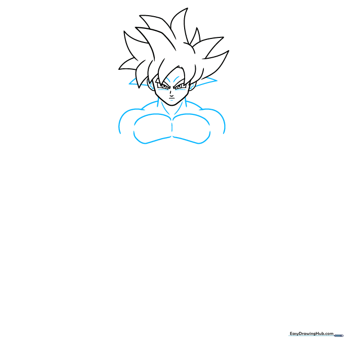 Drawing of Goku's neck and chest muscles, emphasizing the anatomical structure of his upper body.