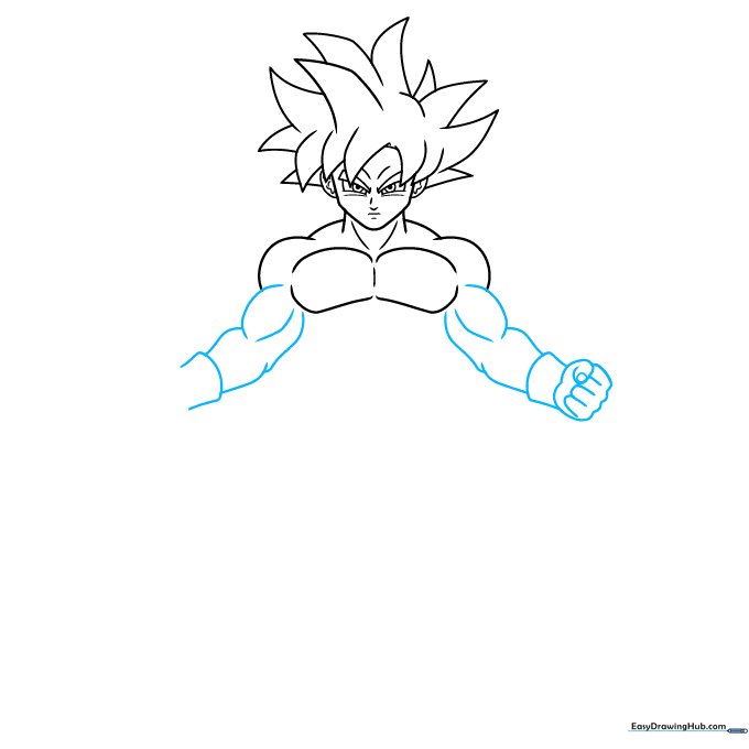 Line art of Goku's arms and clenched fist, showing the definition of his muscles and wrist guards.