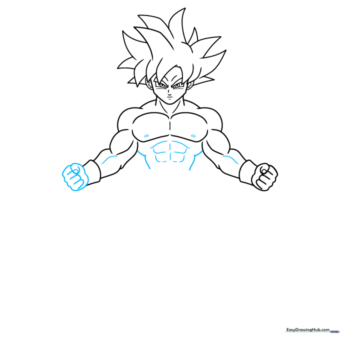 Detailed sketch of Goku's torso, highlighting the abdominal muscles and chest definition.
