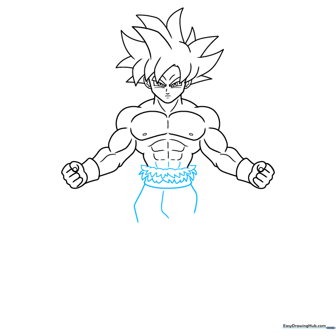Drawing of Goku's lower torso and the beginning of his pants, featuring jagged, torn fabric details.