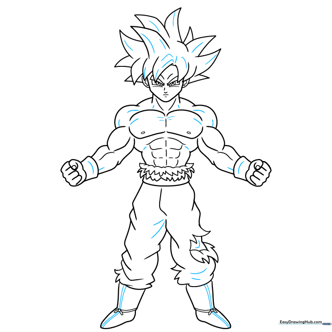 The completed line art of Goku in his Ultra Instinct form, ready for coloring.
