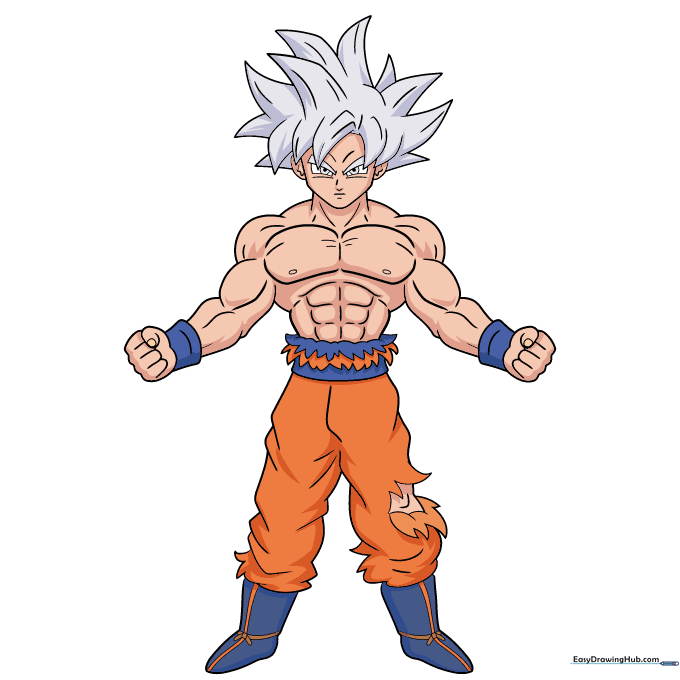 The final, fully colored illustration of Goku in his Ultra Instinct form.