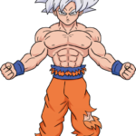 Full-body colored illustration of Goku in his Ultra Instinct form, showcasing his powerful stance.