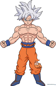 Full-body colored illustration of Goku in his Ultra Instinct form, showcasing his powerful stance.