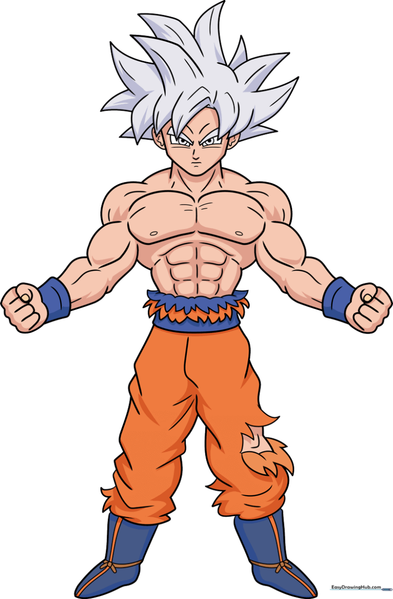 Full-body colored illustration of Goku in his Ultra Instinct form, showcasing his powerful stance.