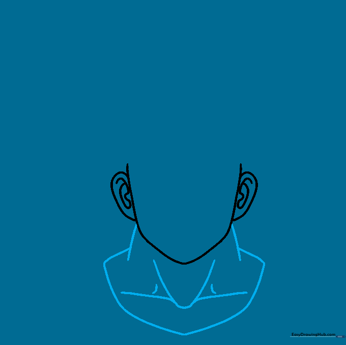 Drawing the neck and shoulder muscles of Goku with gi collar details.