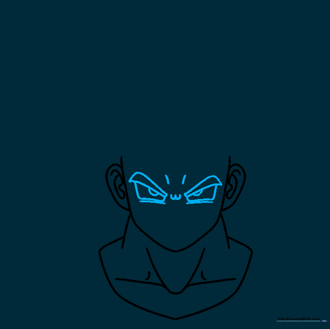 Detailed sketch of Goku's intense eyes and furrowed eyebrows.