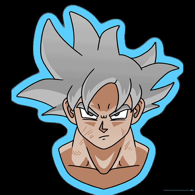 Fully colored drawing of Goku in his silver-haired Ultra Instinct form.