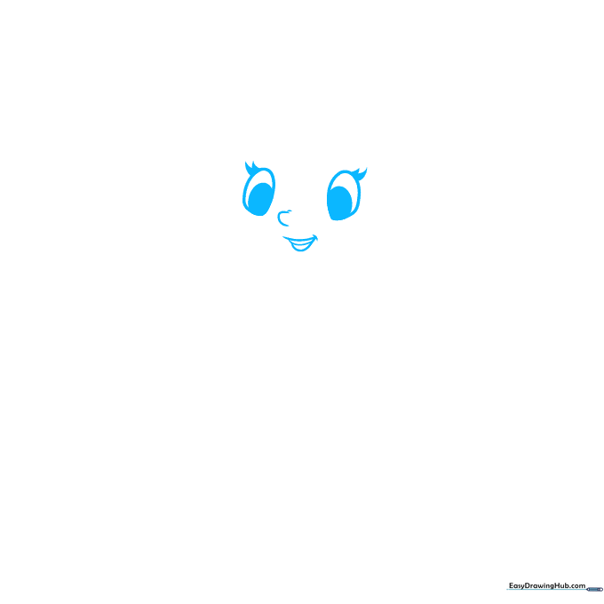 Pencil sketch of Goldilocks' face showing large eyes and a smiling mouth on a white background.