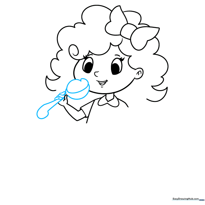 Goldilocks holding a spoon with a bowl of porridge.