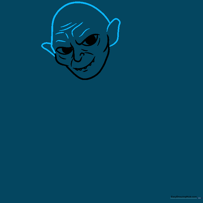 Drawing of Gollum's head showing large ears and wrinkled forehead details.