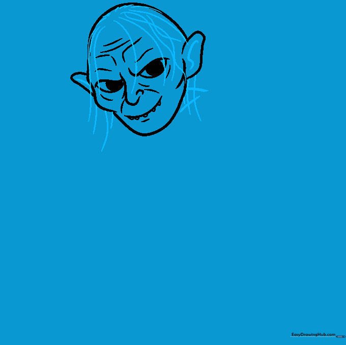 Sketch showing Gollum's sparse hair strands and the beginning of his shoulder frame.