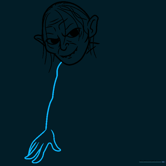 Pencil sketch of Gollum's long, thin arm and hand with elongated fingers.