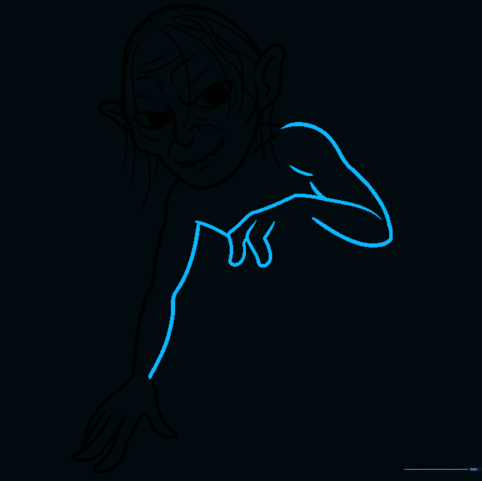 Detailed sketch of Gollum's arm muscles and hand structure.
