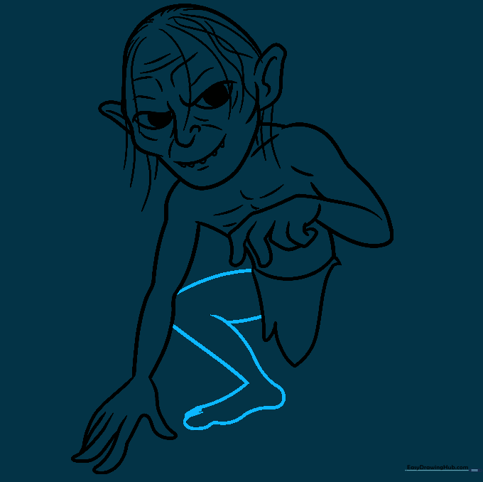 Drawing of Gollum's leg and large foot with visible toe details.