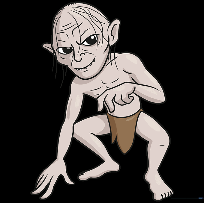 Finished, colored illustration of Gollum in a classic crouched pose.