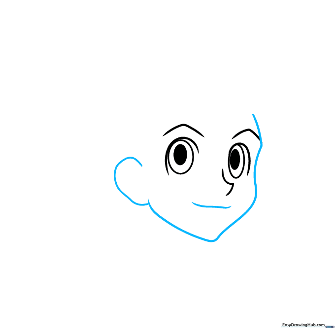 Drawing the outline of Gon's face, chin, and ear with a smiling mouth.
