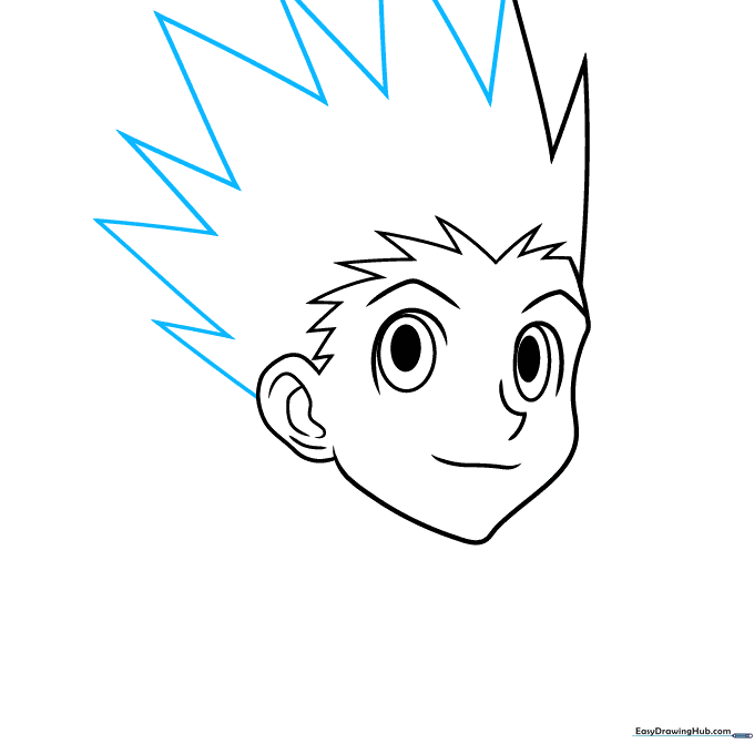 Finalizing the spiky hair silhouette for the Gon Freecss drawing.