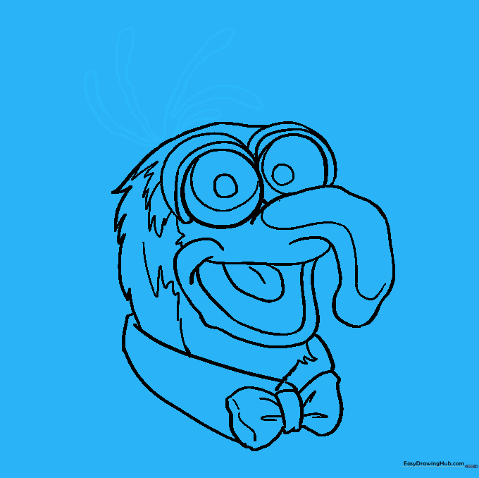 Drawing wild, curved hair strands on top of Gonzo's head.