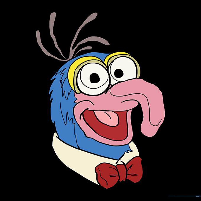 The finished Gonzo drawing colored in with blue, yellow, and pink.