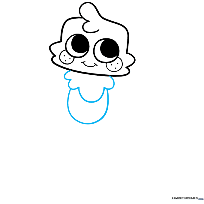 Drawing the fluffy chest and oval body of Goob.