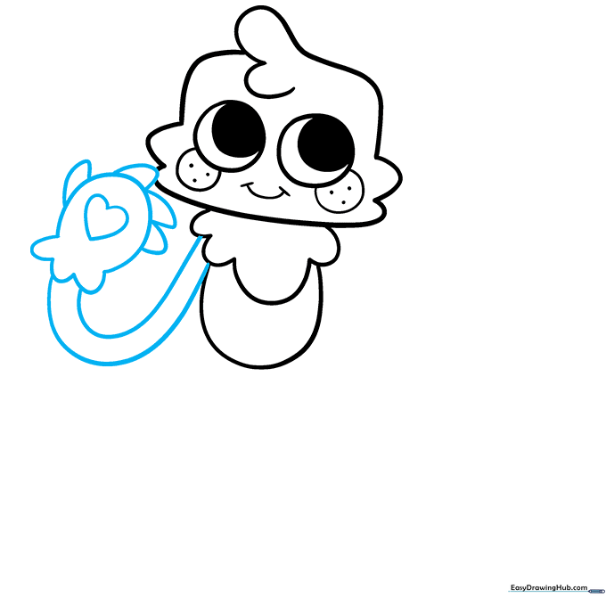 Drawing the first arm and mitten with a heart design on Goob.