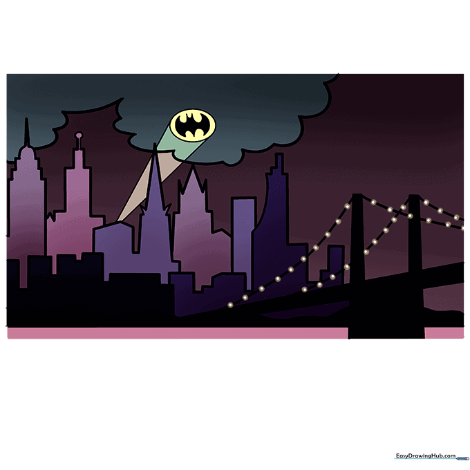 Finished Gotham City drawing colored with dark tones and a bright yellow Bat Signal.