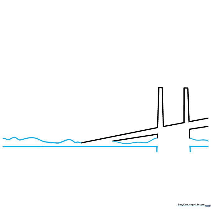 Drawing the shoreline with L-shaped base lines and wavy horizon lines.