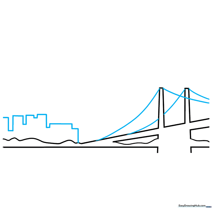 Adding vertical skyscraper silhouettes and bridge suspension cables to the drawing.