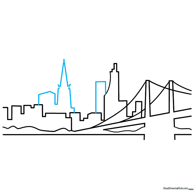 Adding a tall building with a pointed spire to the city skyline.