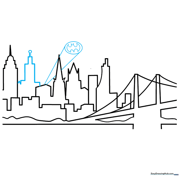 Drawing the Bat Signal on a building using an oval and a bat silhouette.