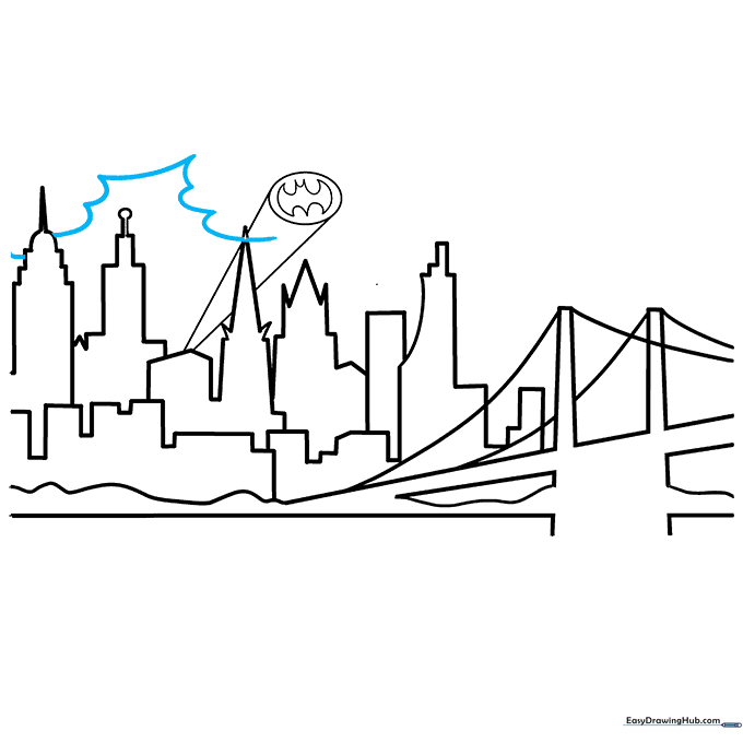 Adding fluffy, rounded cloud shapes to the sky above the city.