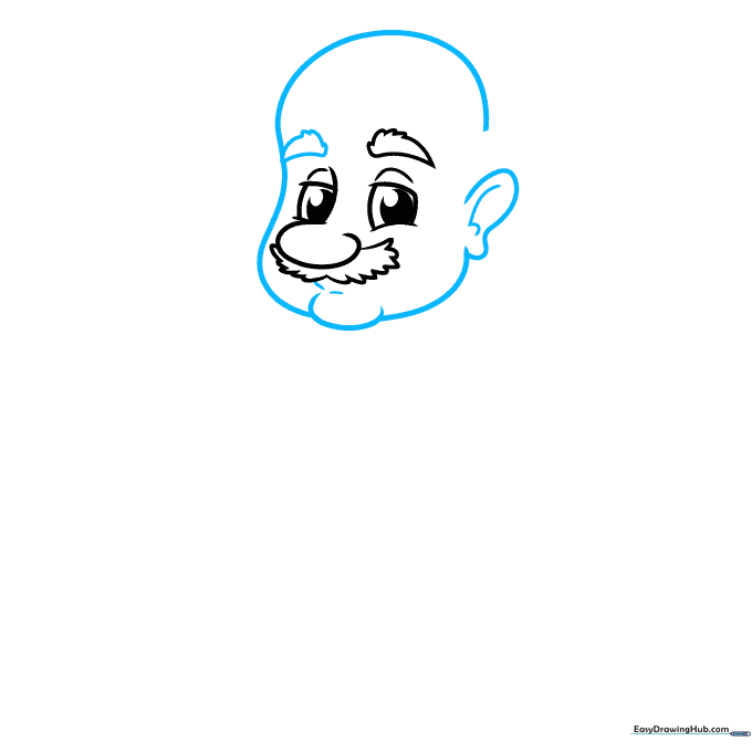 Outline of the grandpa's face shape, including the chin, ear, and eyebrows.