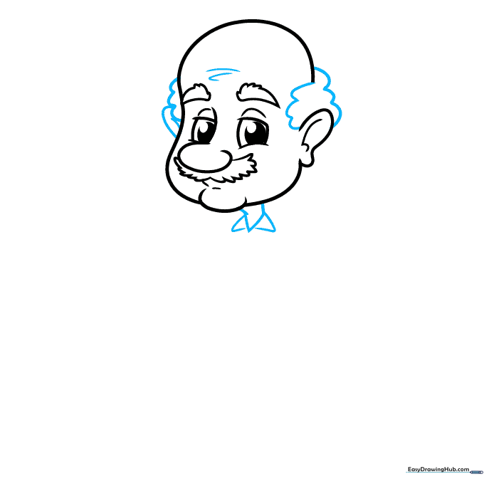 Illustration showing the addition of hair, forehead wrinkles, and a shirt collar.