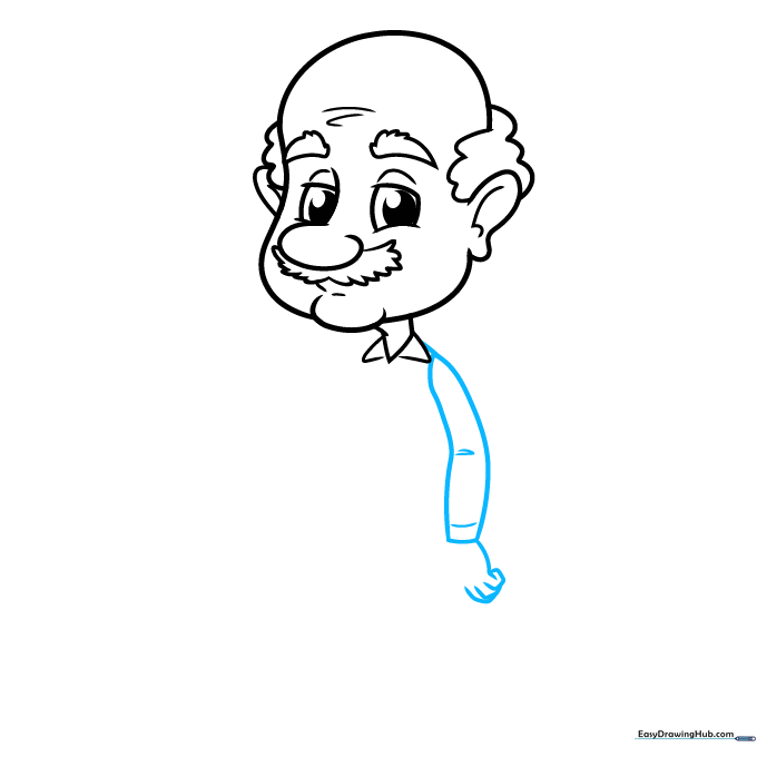 Pencil sketch showing the grandpa's sleeves and hands being added to the torso.