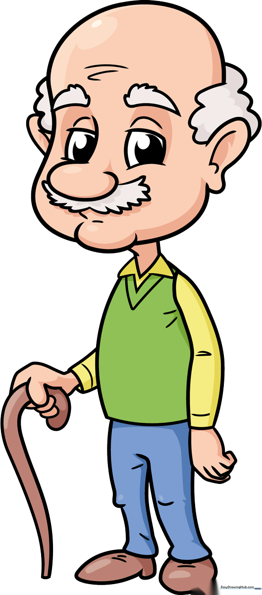 Colorful, finished illustration of a cartoon grandpa holding a cane, ready for printing or coloring.