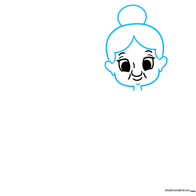 Drawing of a grandmother's head with hair bun and facial outline.
