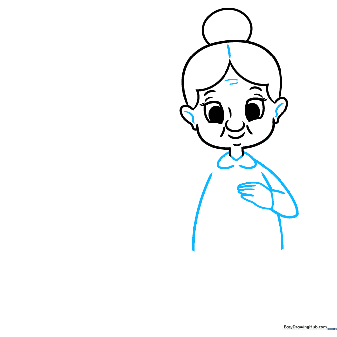 Drawing of a grandmother's upper torso, sweater collar, and hand.