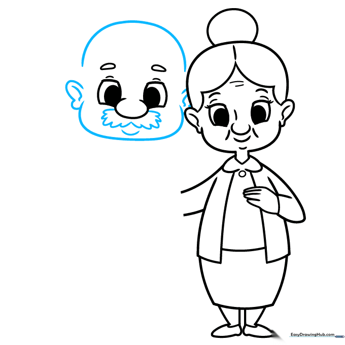 Drawing of a grandfather's face with mustache and ears.