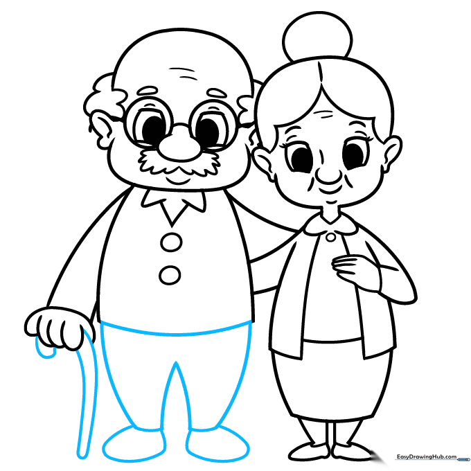 Drawing of a grandfather's lower body with pants, shoes, and a cane.