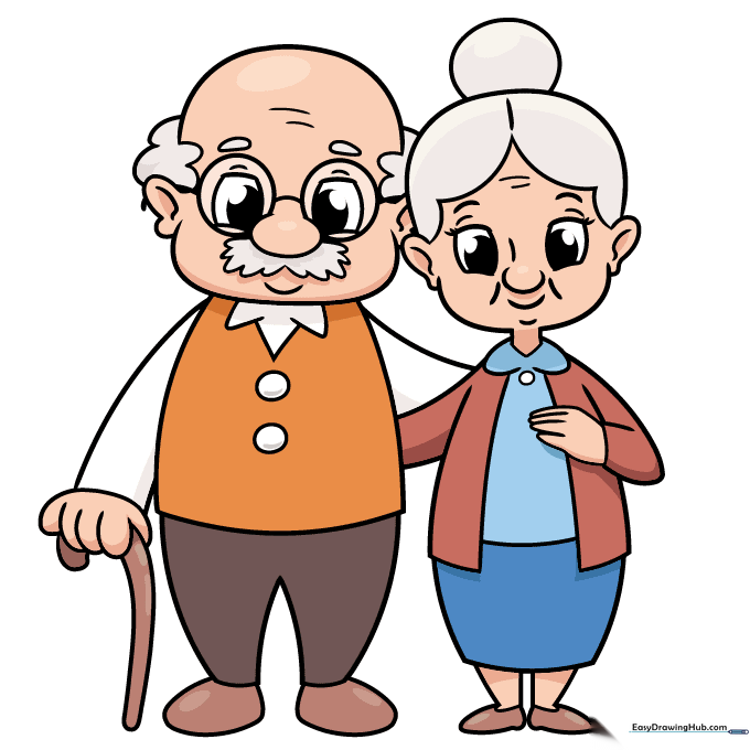 Finished, colored drawing of a grandmother and grandfather standing together.