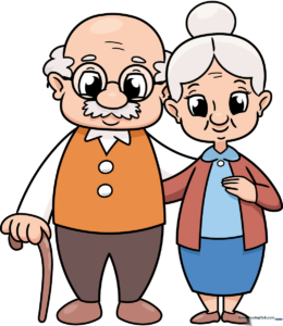 Colorful illustration of smiling grandparents, perfect for a family card or portrait.